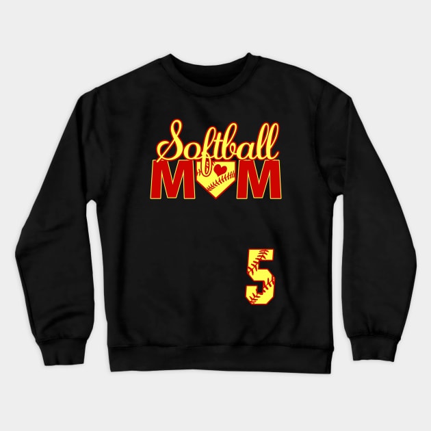 Softball Mom #5 Jersey Favorite Player Biggest Fan Heart Five Crewneck Sweatshirt by TeeCreations